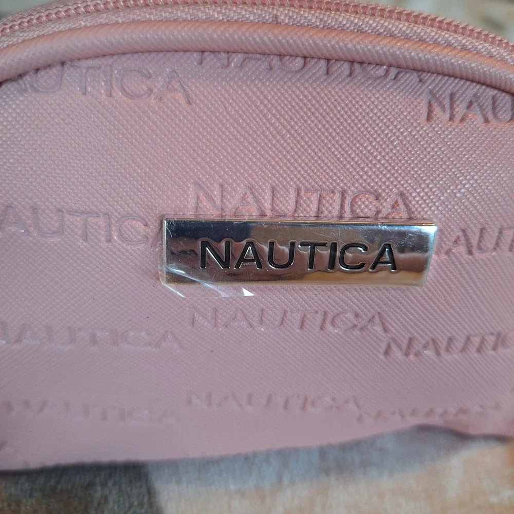 Nautica Cosmetic Bag Zip Pouch Pink Nautica Logo Print Navy Liner Makeup Travel